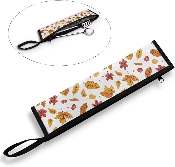 Portable Tableware Carrier Pouch Cutlery Bag Silverware Organizer Accessories for Travel Camp Party,Autumn Leaves Brown and Orange