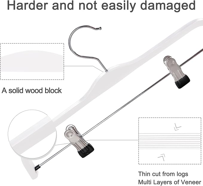TOPIA HANGER Wooden Pants Hangers,Slim Natural Wood Skirt Hangers with Anti-Rust Hook and Adjustable Metal Clips, Perfect for Skirts,Pants,Slacks-10 Pack-CT17W