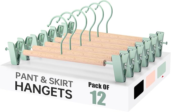Wooden Pants Hangers with Clips 12 Pack, Heavy Duty Adjustable Clip Non Slip Skirt Hanger for Jeans, Trousers, Short, Clothes, Space Saving Closet Organizer (Green, 12 Pack)