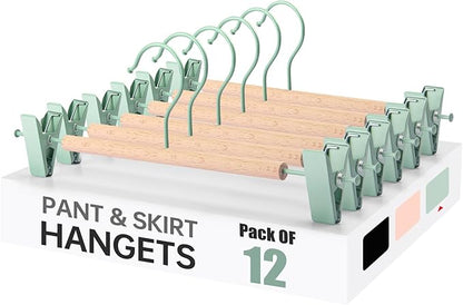 Wooden Pants Hangers with Clips 12 Pack, Heavy Duty Adjustable Clip Non Slip Skirt Hanger for Jeans, Trousers, Short, Clothes, Space Saving Closet Organizer (Green, 12 Pack)