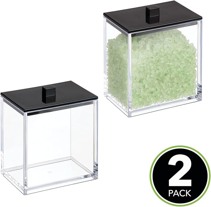 mDesign Plastic Rectangle Apothecary Canister - Organizer for Bathroom Vanity Countertop Shelf Decor - Holds Cotton Swabs, Soap, Makeup, Bath Salts - Lumiere Collection - 2 Pack - Clear/Matte Black