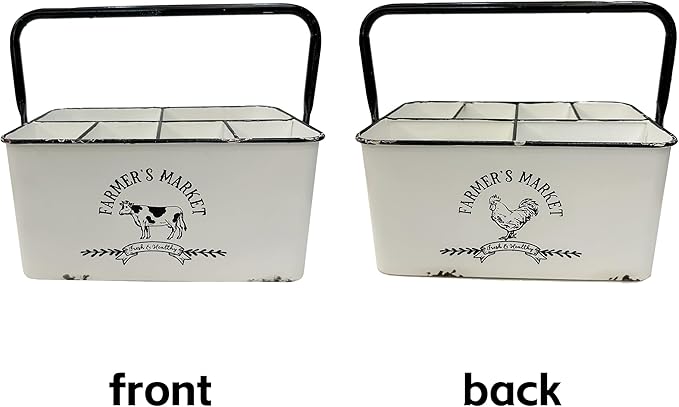 Distressed White Rustic Metal Silverware Caddy Utensil Holder with 6 Compartments & Napkin Slot – Portable for Parties, Picnics, Countertop & Kitchen