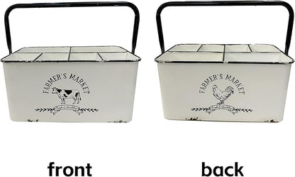 Distressed White Rustic Metal Silverware Caddy Utensil Holder with 6 Compartments & Napkin Slot – Portable for Parties, Picnics, Countertop & Kitchen
