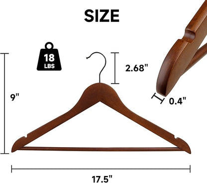 Quality Wooden Clothes Hangers, Solid Wood Suit & Coat Hangers with Pants Bars, Swivel Hook, Shoulder Notches, Heavy Duty Hangers for Shirts, Jackets, Dresses & Trousers(Walnut/36-Pack)