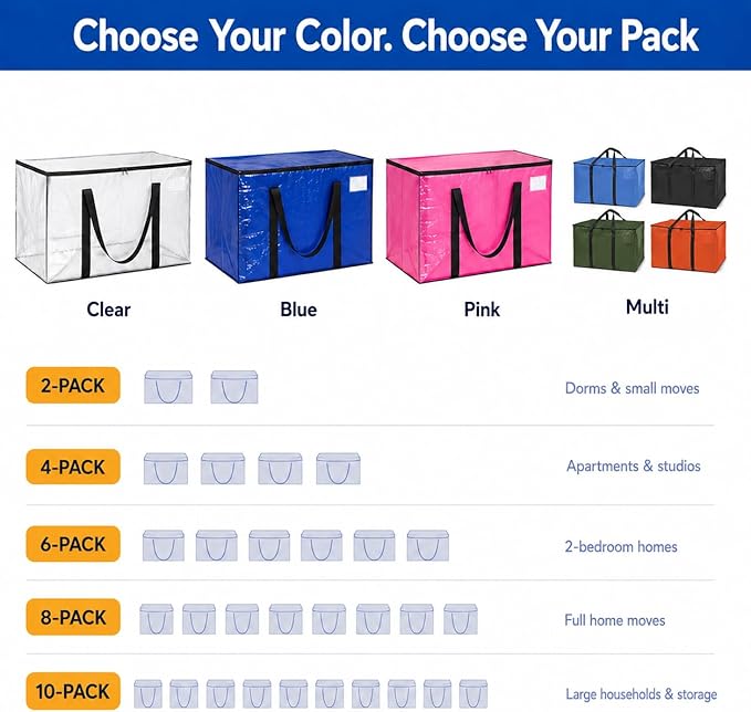 ClearSpace Heavy Duty Moving Bags or Storage Bags – Clear Storage Bins with Lids, Large Moving Boxes with Backpack Straps & Zippers – Packing Bags & Moving Supplies for College Dorm- 8 Pack
