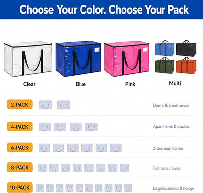 ClearSpace Heavy Duty Moving Bags or Storage Bags – Clear Storage Bins with Lids, Large Moving Boxes with Backpack Straps & Zippers – Packing Bags & Moving Supplies for College Dorm- 8 Pack