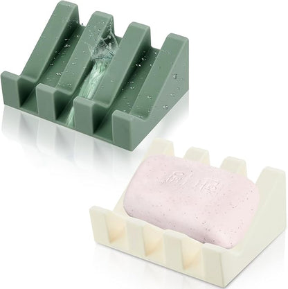 Cunhill 2 Pieces Silicone Soap Dish Self Draining Soap Dish Shower Waterfall Bar Soap Holder Tray with Drain Soap Saver for Kitchen Bathroom Accessories (Light Green,Bright White)