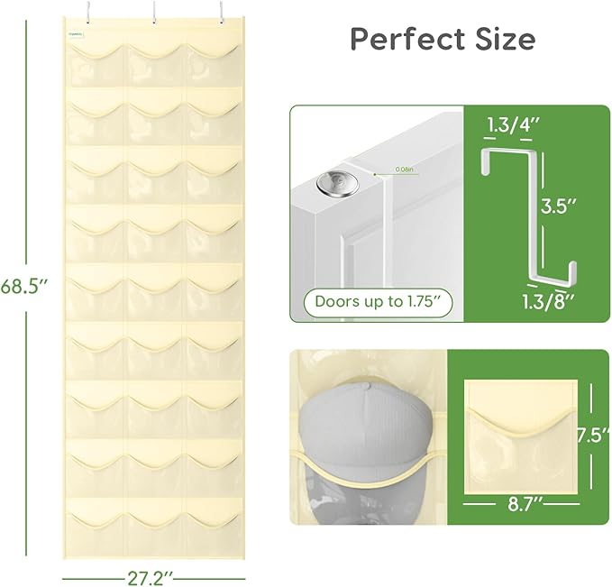 Baseball Hat Rack, 27 Pocket Over-The-Door Hat Organizer with Clear Deep Pockets to Display Baseball Caps Collection, Complete with 3 Over Door Hooks (Beige, 27 Pockets)