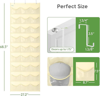Baseball Hat Rack, 27 Pocket Over-The-Door Hat Organizer with Clear Deep Pockets to Display Baseball Caps Collection, Complete with 3 Over Door Hooks (Beige, 27 Pockets)