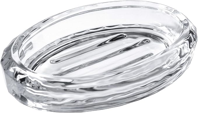 Glass Soap Dish for Bathroom Countertop, Shower, Kitchen Sink, Oval Heavy Bar Soap Holder with Raised Ridges, Transparent, 1 Pack