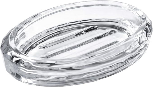 Glass Soap Dish for Bathroom Countertop, Shower, Kitchen Sink, Oval Heavy Bar Soap Holder with Raised Ridges, Transparent, 1 Pack
