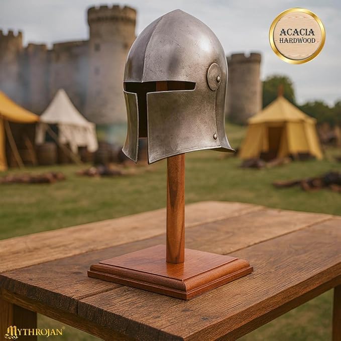 Mythorjan Wooden Helmet Stand Display Décor Stand For Spartan, Templar, Motorcycle, Caps, Hat Decorative Desktop Hanger Rack LARP Helmet Stand, 21 Inch - Natural