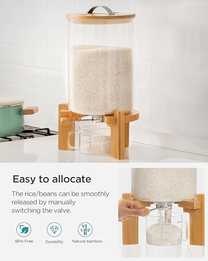 HBlife 18-22 Lbs Glass Rice Dispenser with Wooden Stand Flour and Cereal Container with Glass Measuring Cup Pantry Food Organization Storage Bin with Airtight Bamboo Lid, 11L