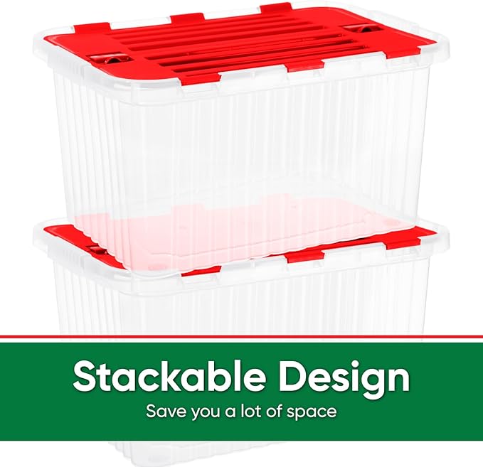 Superio Red Storage Box with Red Hinged Lids, Plastic Container Bins for Organizing with Attached Lid, Stackable Crates, BPA Free, Organizers for Home and Office, 35 Quart (20.25"x14"x10.5")