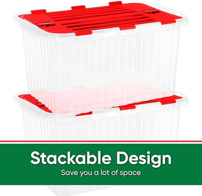 Superio Red Storage Box with Red Hinged Lids, Plastic Container Bins for Organizing with Attached Lid, Stackable Crates, BPA Free, Organizers for Home and Office, 35 Quart (20.25"x14"x10.5")