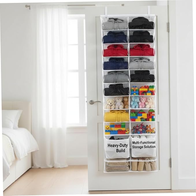 Over the Door Sweatshirt Organizer Hanging Clear Door Shoe Organizer with 26 Pocket Foldable Heavy Duty Toy Storage