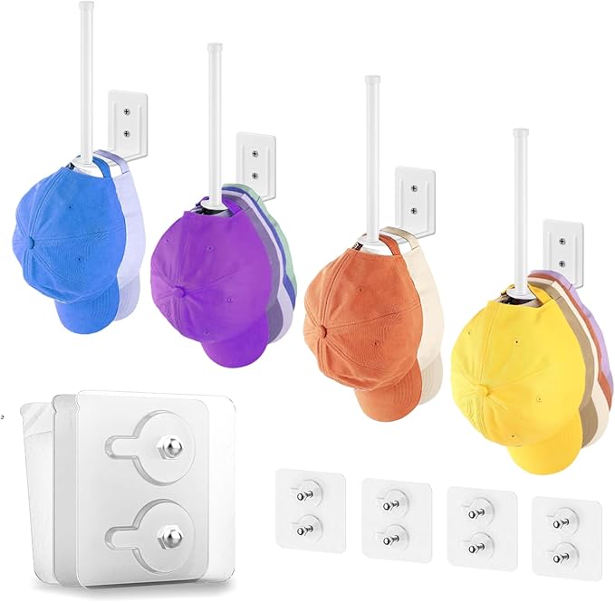 HzTinT 4 Pack Stainless Steel Hat Organizer for Baseball Caps, Baseball Cap Organizer, Strong Adhesive/Wall Drilled Hat Rack for Wall/Hat Hooks, Hat Hanger for Door,Bedroom,Closet(White)