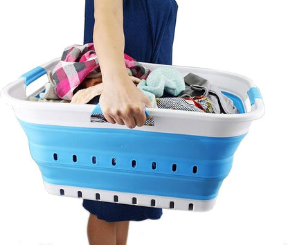 SAMMART 42L (11 gallon) Collapsible Plastic Laundry Basket - Foldable Pop Up Storage Container/Organizer - Space Saving Hamper/Basket (1, White/Marine Blue)