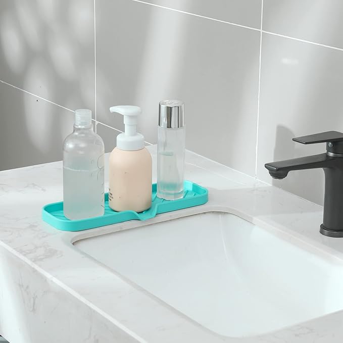 MicoYang Silicone Bathroom Soap Dishes with Drain Spout-Bathroom and Kitchen Sink Organizer,Sponge Holder,Dish Soap Tray,Perfect for Dispenser,Scrubber,Bottle,Cup on Sink or Counter-Mint 12"×4"