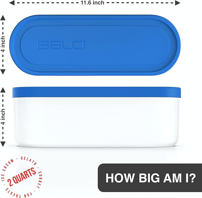 BALCI Ice Cream Containers - 2 Quart Ea. (Set of 2) - Premium Reusable Freezer Storage for Homemade Ice Cream Tub for Sorbet, Frozen Yogurt - Flexible Silicone Lids, Long Scoop, Stackable - Blue