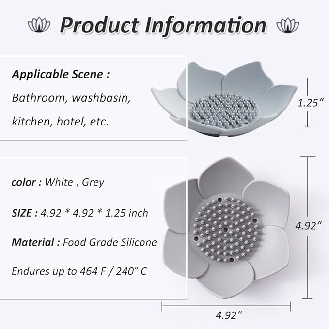 Silicone Soap Dishes with Draining. Bathroom Bar Soap Holder for Shower. Soap Tray for Kitchen Sink. Flower Shape Soap Saver for Counter, Bathtub. (4 Pack, White,Grey,Pink,Blue)