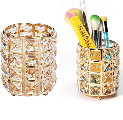 Crystal Beads Makeup Brush Holder, Makeup Brush Organizer Vanity Decor, Handcrafted Cosmetics Brushes Cup, Crystal Cup for Makeup Brushes(Gold)