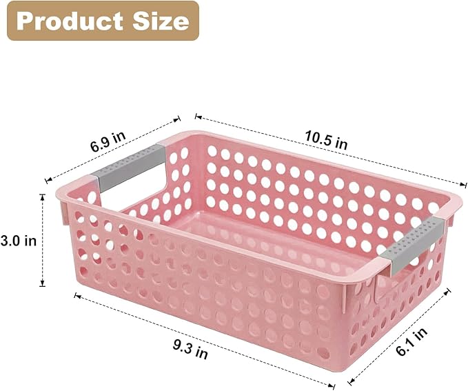 Soddeph 4 Pack Small Plastic Storage Baskets for Organizing, Stackable Bins with Handles for Shelves, Multipurpose Drawer Trays(Pink)