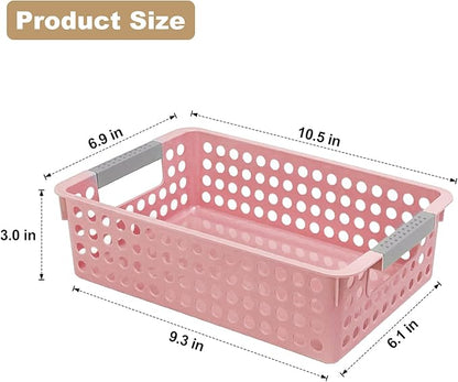 Soddeph 4 Pack Small Plastic Storage Baskets for Organizing, Stackable Bins with Handles for Shelves, Multipurpose Drawer Trays(Pink)