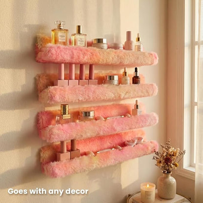 Fuzzy Orange Nail Polish Rack Wall Mounted Makeup Organizer, Soft Plush Decorative Floating Shelf for Lipstick, Skincare, Collectibles, Playful Room Decor for Girls, Vanity Storage for Bedroom Salon