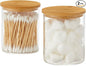 INIUNIK Glass Qtip Holder Dispenser with Bamboo Lid - 2 Pack Apothecary Jars - Cotton Balls Pads Swabs Holder Jar - Bathroom Vanity Canisters Jars for Countertop Storage and Organization