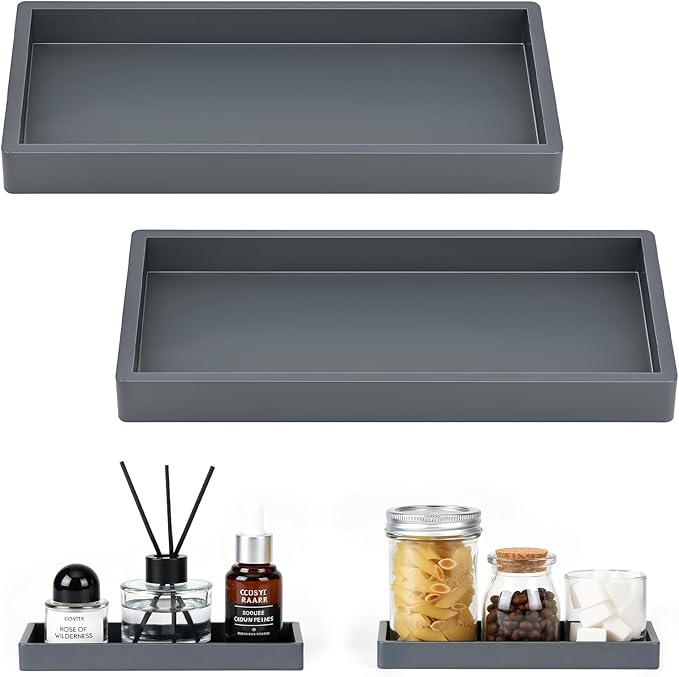 Luxspire Bathroom Vanity Tray, 7.9 x 4 Silicone Kitchen Counter Tray for Soap Dispenser, Bathroom Countertop Organizer for Perfume Soap Towel Bathroom Accessories, 2 Packs, Dark Gray