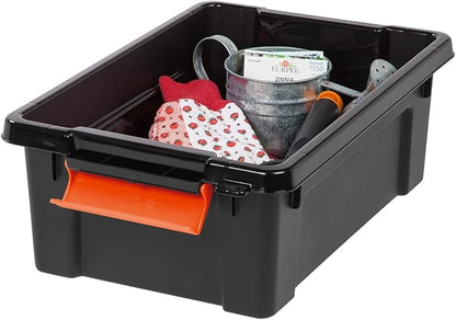 IRIS USA 3 Gallon Lockable Storage Bins with Lids, 5 Pack - Made in USA, Heavy Duty, Stackable Containers, Garage Organizing Bins Moving Tubs, Rugged Sturdy Equipment Utility Box - Black/Orange