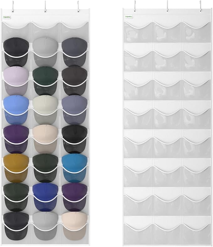 Baseball Hat Rack, 24 Pocket Over-The-Door Hat Organizer with Clear Deep Pockets to Display Baseball Caps Collection, Complete with 3 Over Door Hooks (White, 24 Pockets)