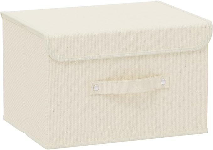 Storage Boxes, Collapsible Storage Bins with Lids, Cotton and linen cloth Storage Baskets with Handle, for Books, Closet, Bedroom, Home, 10.2x7.9x6.7 in, Beige
