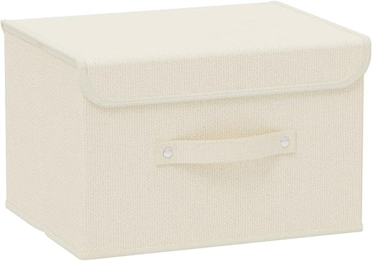 Storage Boxes, Collapsible Storage Bins with Lids, Cotton and linen cloth Storage Baskets with Handle, for Books, Closet, Bedroom, Home, 10.2x7.9x6.7 in, Beige