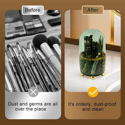 Makeup Brush Holder with Dustproof Lid, 360° Rotating Makeup Organizer, Spinning Cosmetic Organizer Pen Holder for Vanity Bathroom (Dark Green)