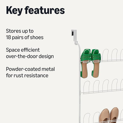 Amazon Basics Over the Door Metal Shoe Rack, 18 Pair Capacity, Space Efficient, Powder-Coated for Rust Resistance, White
