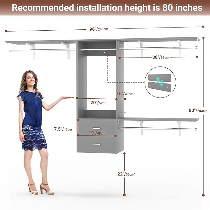 96 Hanging Closet System with 2 Wooden Drawers, 75"–87" Height Adjustable Closet Organizer System with Tower, 4-8FT Custom Closet Shelving System, Wall-Mounted Walk-In Closets Wardrobe, Grey