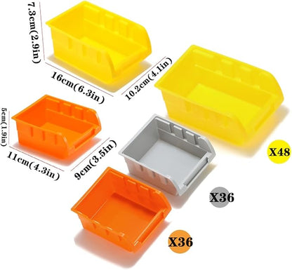 30-Bin Wall Mounted Storage Bins Kit, Tool Organizer Rack, Garage Hardware Organizer, Parts Storage Bins, DIY Combination 4 Set (Grey & Orange & Yellow Type)