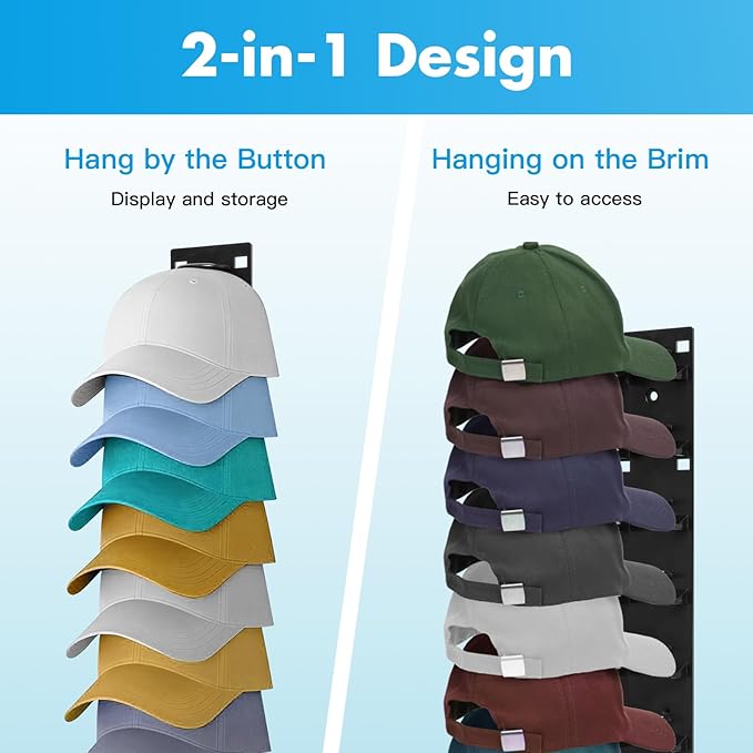 2 Pack Hat Organizer for Baseball Caps Preserve Shape, No Squish! Wall Mounted Hat Rack with Strong Adhesive Holds 18 Hats, over the Door Organizer for Closet Bedroom (Black)
