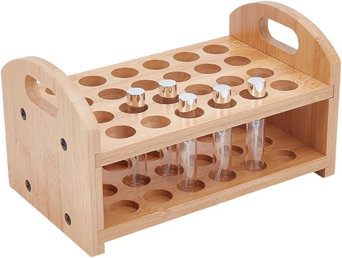 OLYCRAFT Rollerball Perfume Organizer 24 Spaces Wooden Perfume Storage Holder Beauty Scent Storage Makeup Lipgloss Lipstick Display Case Dresser Organizer for Bedroom Vanity Shelf Countertop