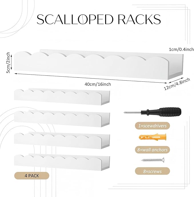 Chunful 4 Tiers Spice Rack Wall Mounted Scalloped Display Country Wooden Spices Shelf for 24 Jars Kitchen Storage, Shelf Only, 15.75 x 4.72 x 1.97 Inches