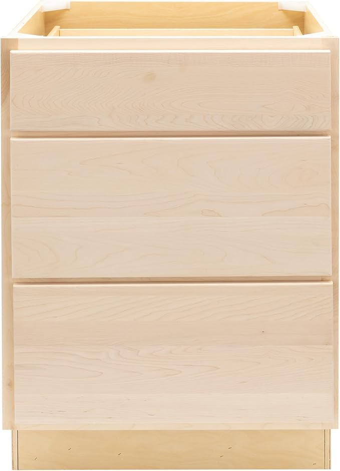 Quicklock RTA (Ready-to-Assemble) | Base Kitchen Cabinets - Shaker Style | Made in America (Raw Maple, 24" W x 34.5" H x 24" D 3 Drawer Pots and Pans)