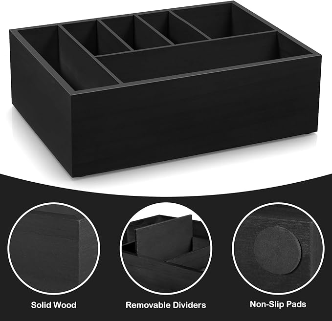Black Utensil Holder for Party - Wooden Paper Plate and Utensil Caddy for Countertop - Silverware Caddy for Cup Fork Spoon Napkin - Cutlery Organizer for Kitchen Camping Buffet Picnic