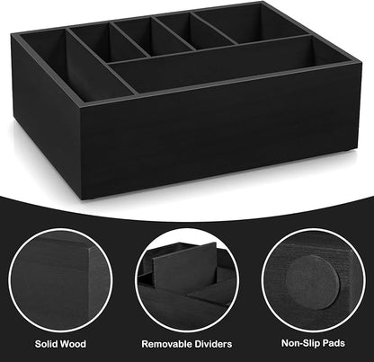 Black Utensil Holder for Party - Wooden Paper Plate and Utensil Caddy for Countertop - Silverware Caddy for Cup Fork Spoon Napkin - Cutlery Organizer for Kitchen Camping Buffet Picnic