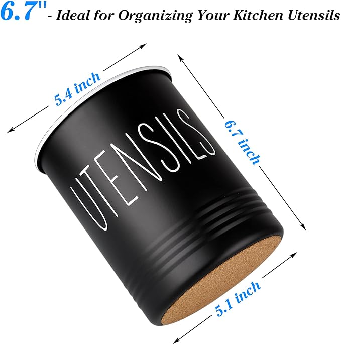 Kitchen Utensil Holder, 6.7" Utensil Holder for Kitchen Counter, Cooking Utensil Crock with Cork Bottom, Modern Farmhouse Decor, Countertop Utensil Storage Organizer Caddy, Black