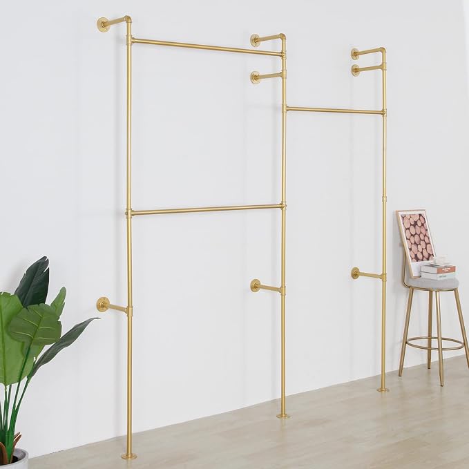 Modern Simple Industrial Pipe Double Hanging Rods Clothing Rack, Clothes Rack Wall Mounted Heavy Duty Hanging Clothes Rack, Detachable Garment Bar 93.7X84inch (Gold)
