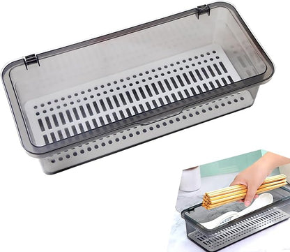 Flatware Tray with Lid and Drainer,Silverware Tray Kitchen Dinnerware Holder and Utensil Storage Container for Flatware and Silverware (Grey)