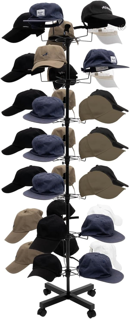 7-Tier Rotating Hat Display Rack Stand, Metal Freestanding Hat Rack Stand with 35 Hooks Hat Adjustable Height Floor Stand Display Holder with Wheels for Home,Retail,Clothing Store