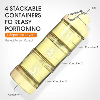 BYLWORKOUT 3-Layer Protein Powder Travel Container with Funnel and Keychain | Portable Food Storage Organizer for Gym, Fitness, Kitchen, Camping, Hiking, and Travel (Yellow)